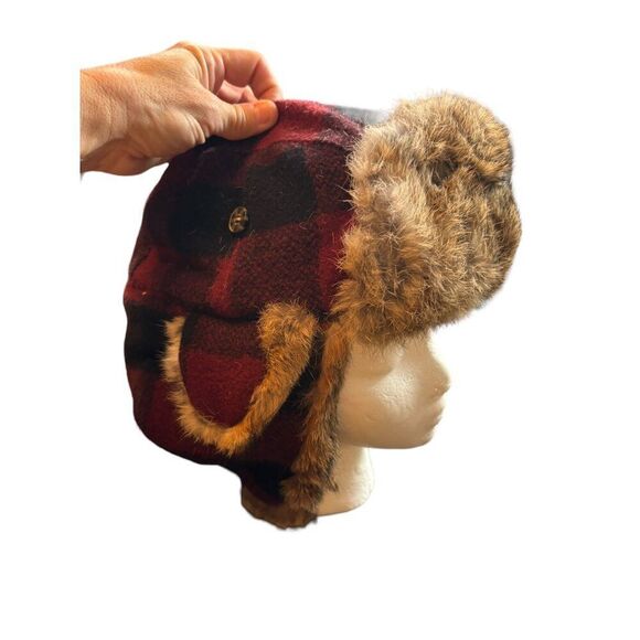 Vintage Red & Black Plaid Trapper Hat With rabbit  Fur Lining - Picture 5 of 8